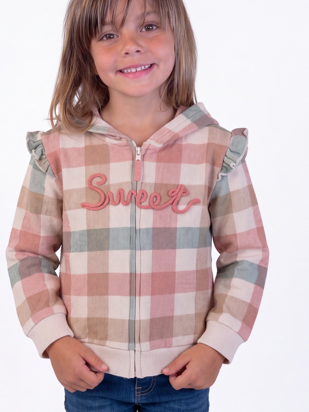 Little Me Adorable Buffalo Check SWEET Zip Up hoodie Pink Tan Green Fall Winter